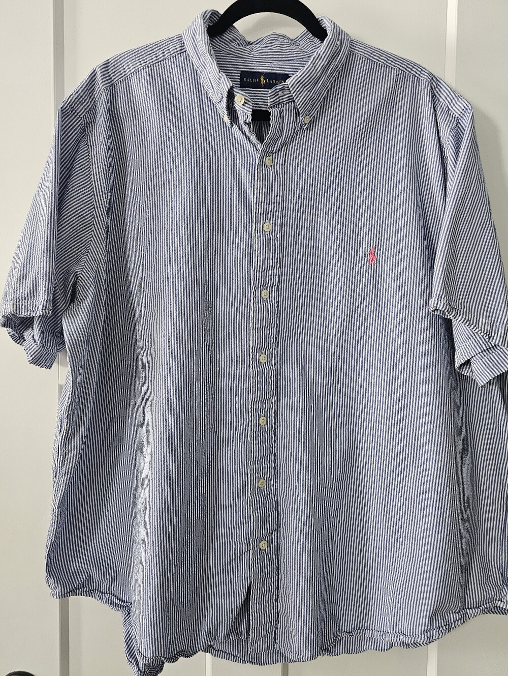 Ralph Lauren Short-Sleeve Seersucker Striped Button-Down Shirt in Blue and White